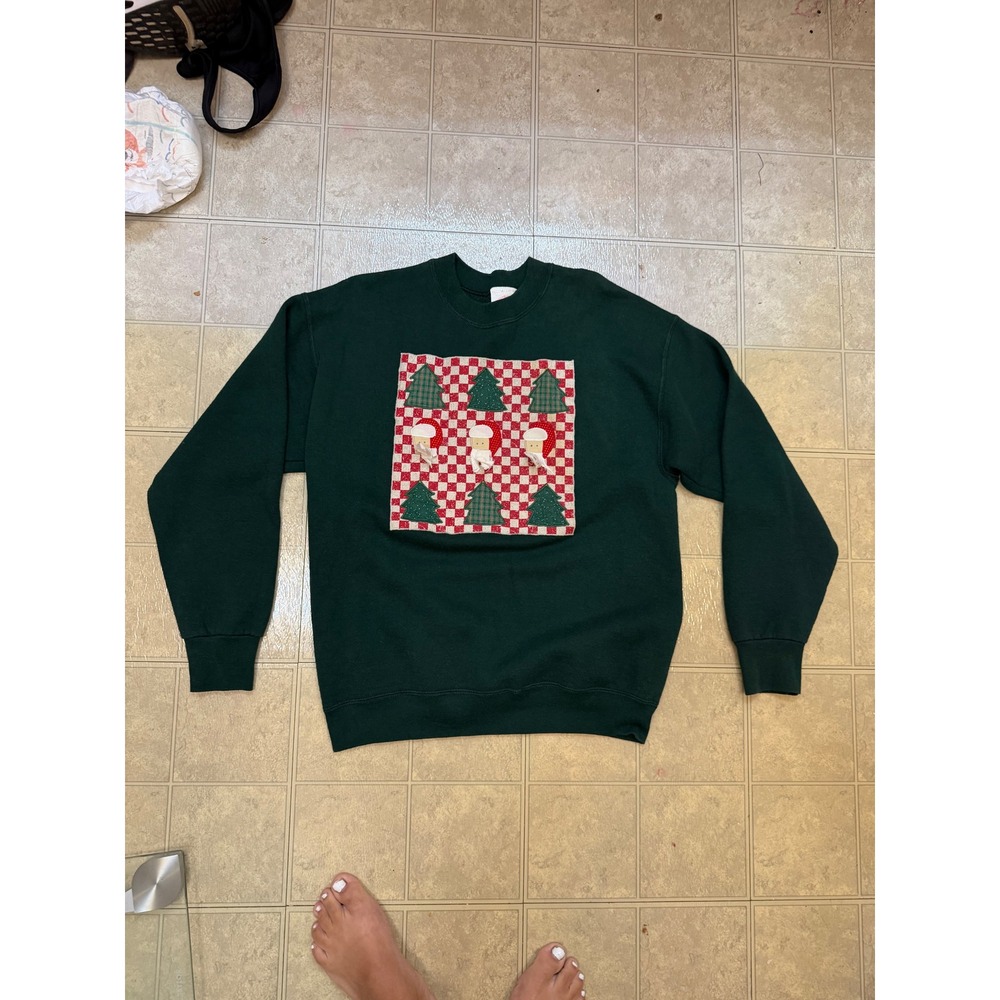 Vintage Sugar Ridge Creations Christmas Sweatshirt Green Santa Trees Large USA